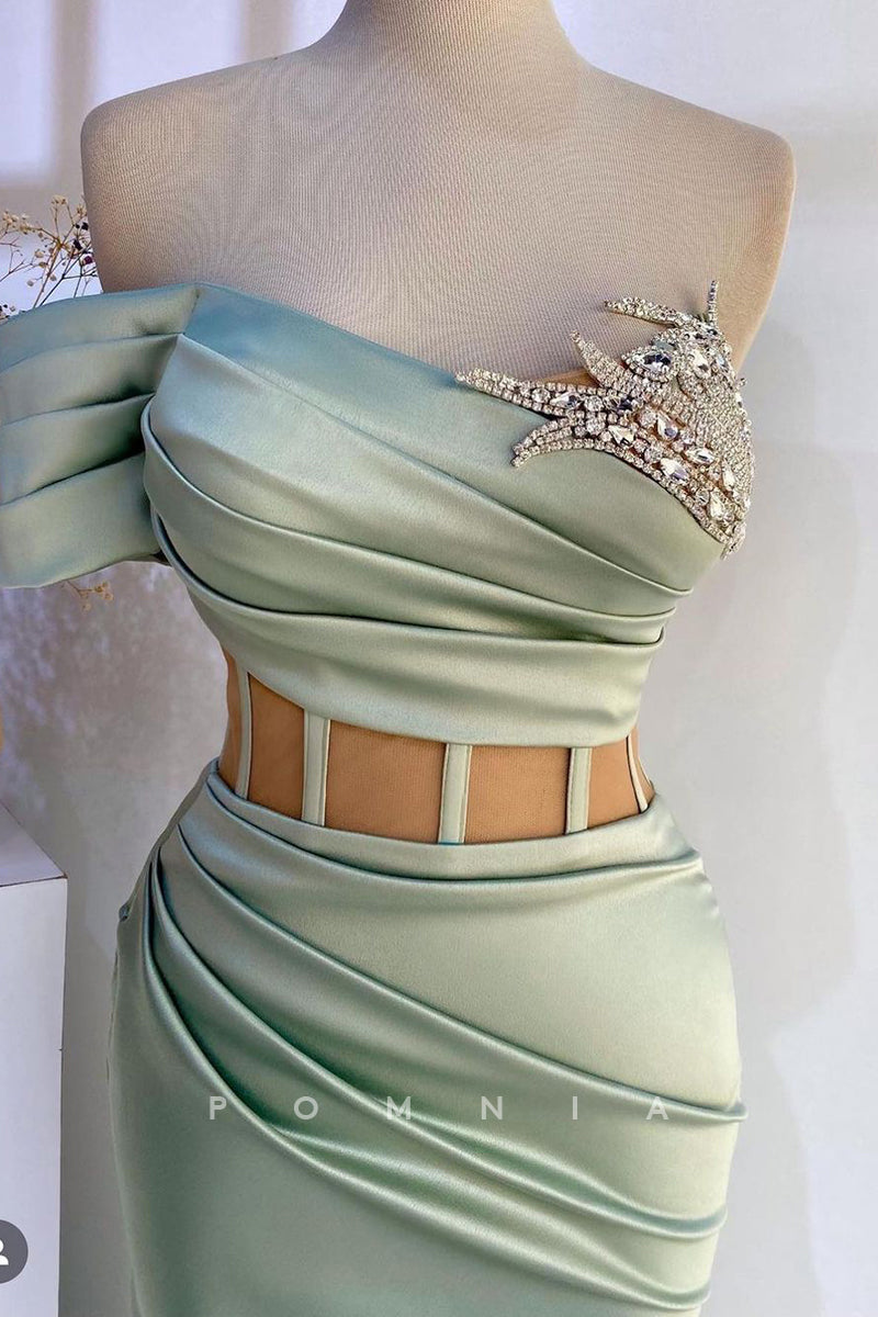 P1390 - Off-Shoulder Beads Pleats Side Slit Long Satin Prom Evening Formal Dress