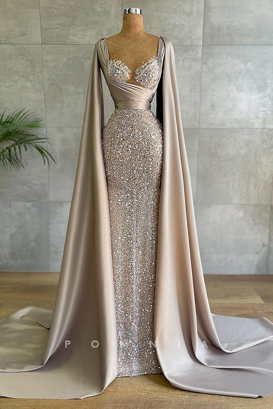 P1416 - Mature Sheath Beaded Sequined Long Evening Formal Dress with Train