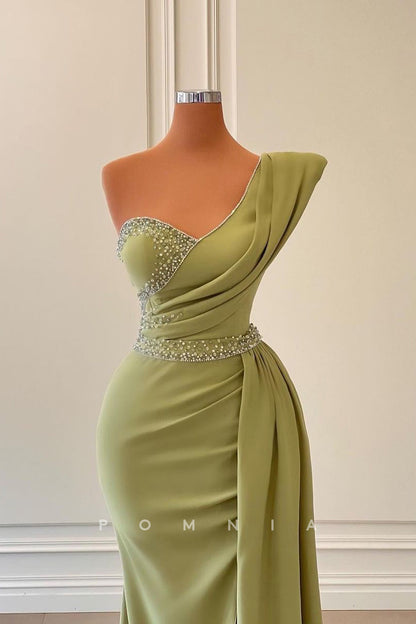 P1427 - One Shoulder Beads Sheath Pleats Sleeveless Prom Formal Evening Dress with Slit