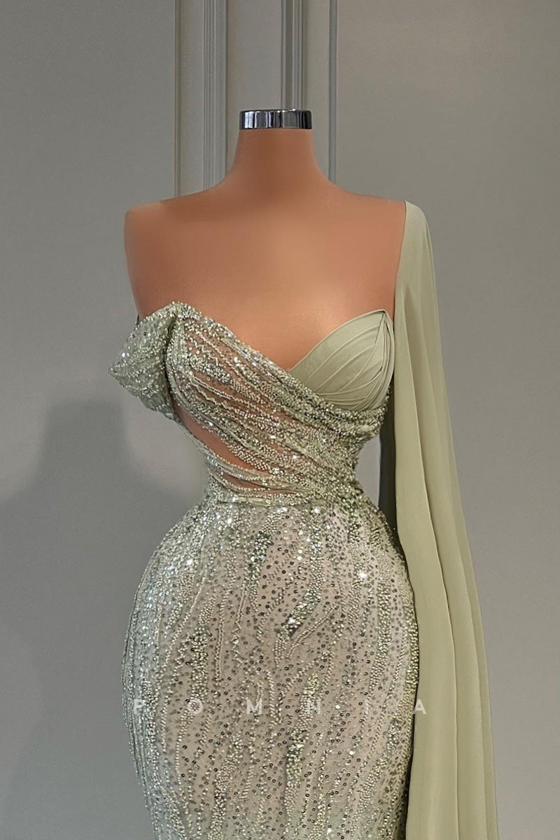 P1436 - Unique One Shoulder Appliques Long Formal Evening Dress with Train