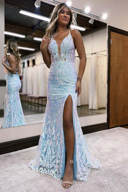 P1654 - Plunging V-Neck Appliques High Split Sleeveless Mermaid Prom Evening Gown