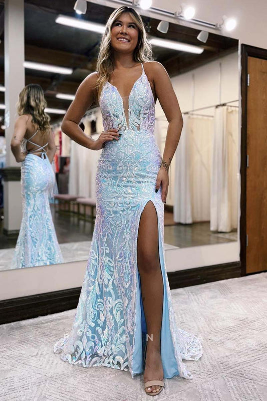 P1654 - Plunging V-Neck Appliques High Split Sleeveless Mermaid Prom Evening Gown