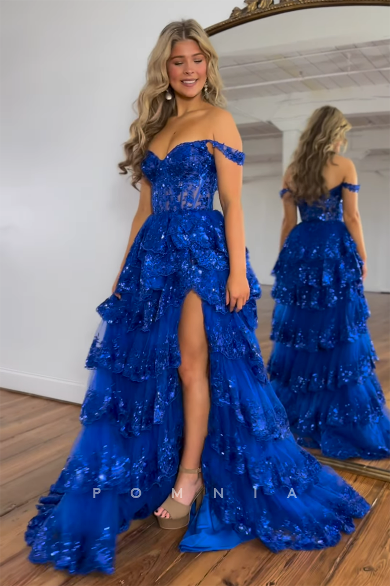 P1662 - Timeless A-Line Sequins Appliques Tieres High Split Long Prom Evening Dress