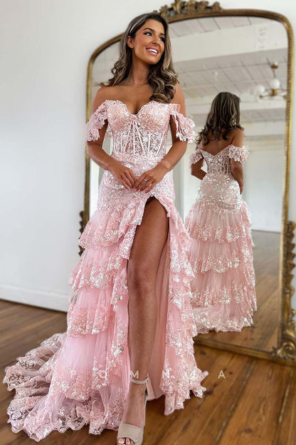 P1662 - Timeless A-Line Sequins Appliques Tieres High Split Long Prom Evening Dress