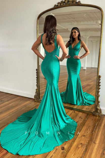 P1687 - Deep V-Neck Sleeveless Beaded Mermaid Ruched Long Evening Prom Dress with Train