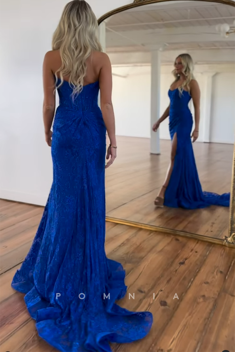 P1798 - Mermaid Strapless Scoop Lace High Split Sleeveless Long Formal Prom Dress