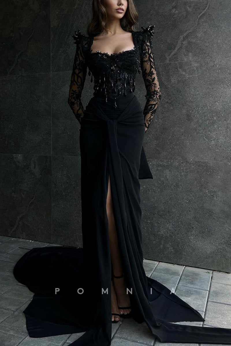 P1834 - Mermaid Lace Long Sleeves Beaded Side Split Long Evening Formal Prom Dress