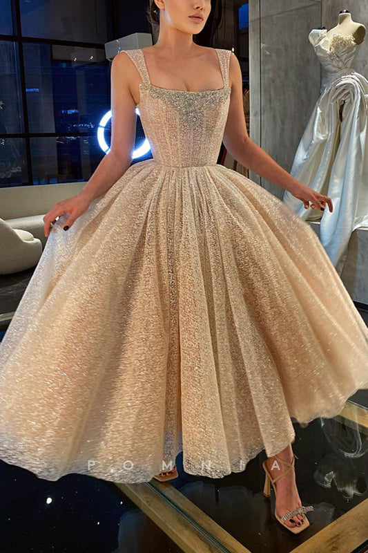P1855 - Elegant Glitter A-Line Scoop Beaded Empire Sleeveless Pleated Formal Prom Dress