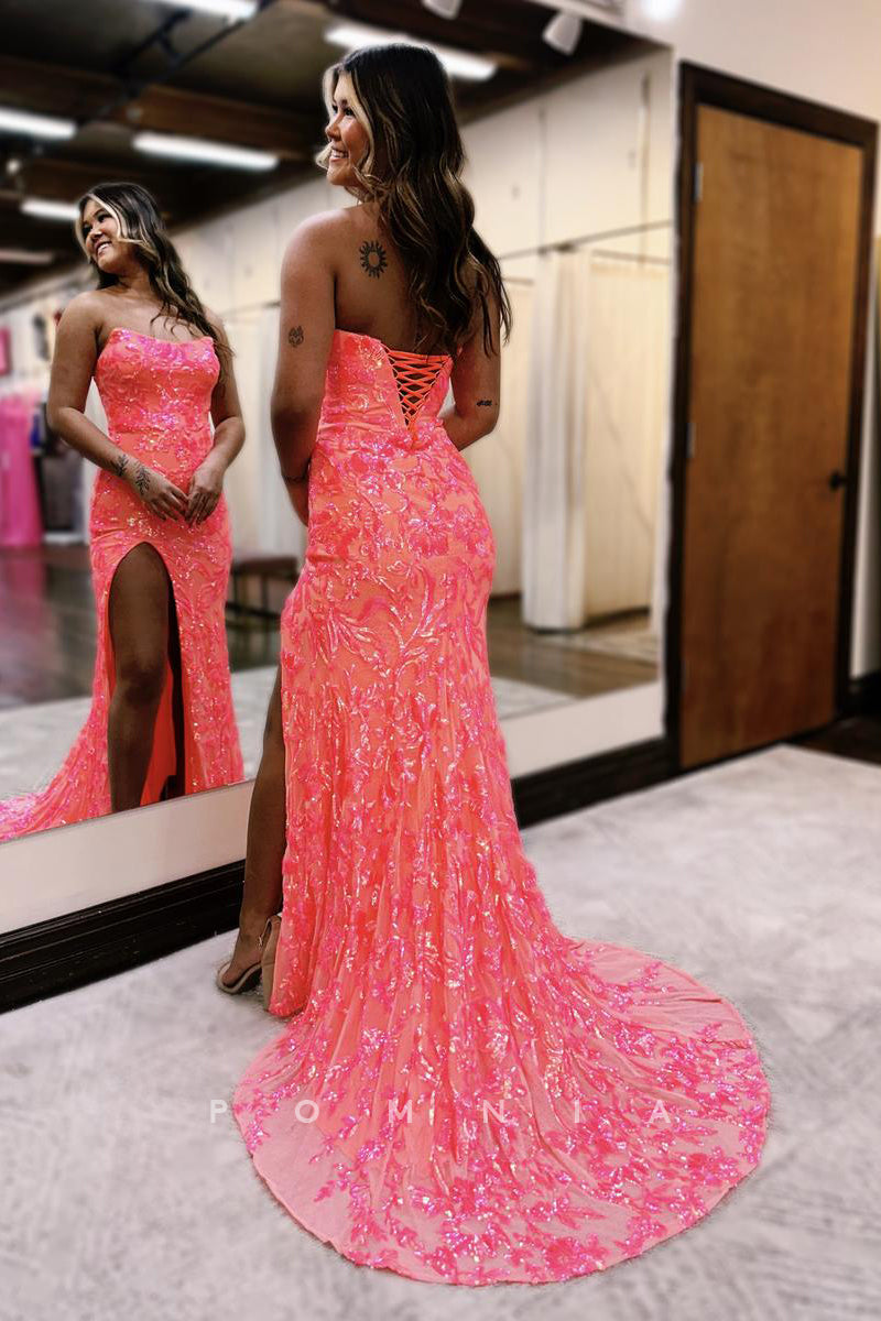 P1878 - Charming Strapless Scoop Mermaid/Trumpet Appliques Prom Formal Dress with Slit