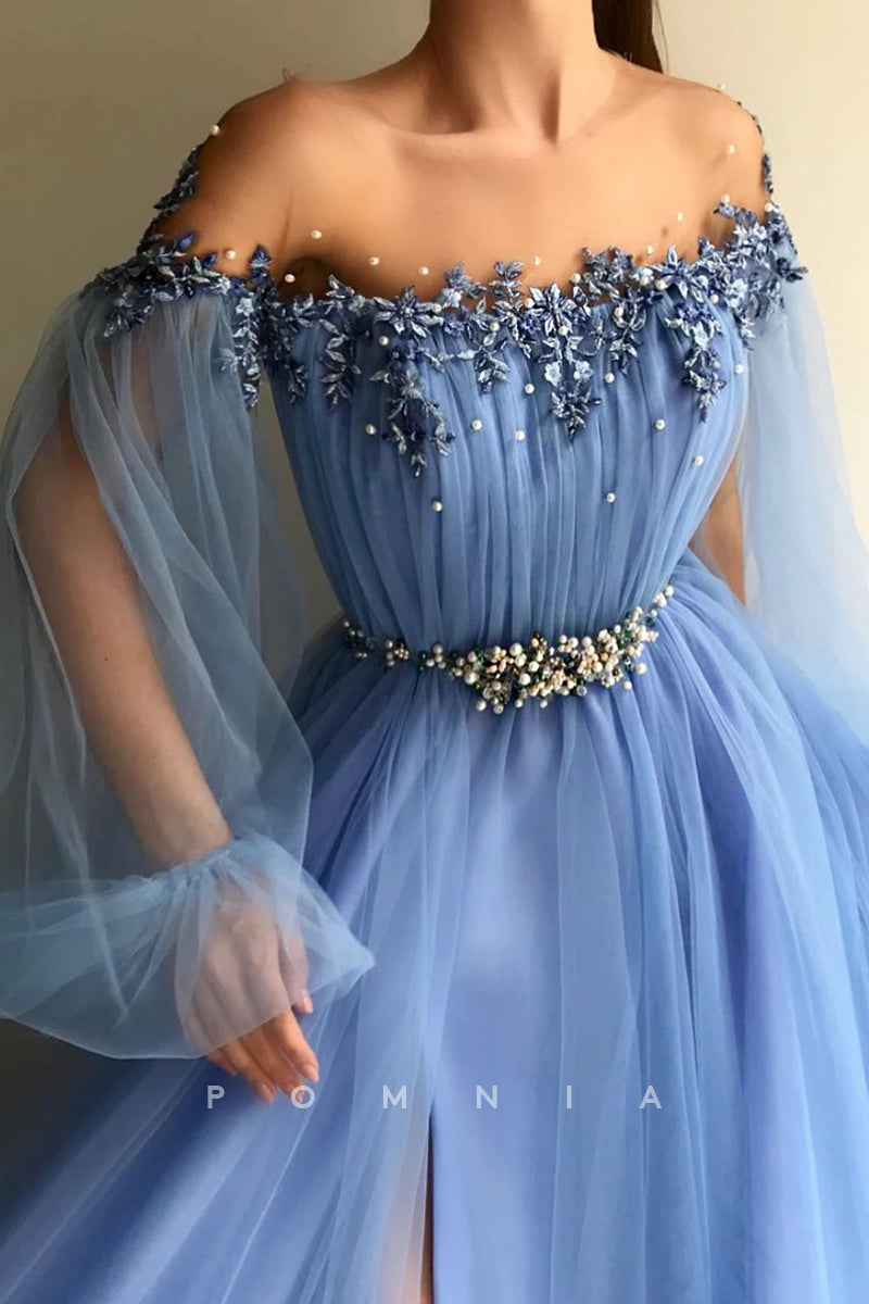 P1927 - A-Line Strapless Beaded Empire-Waist High Slit Tulle Long Sleeves Formal Evening Prom Dress