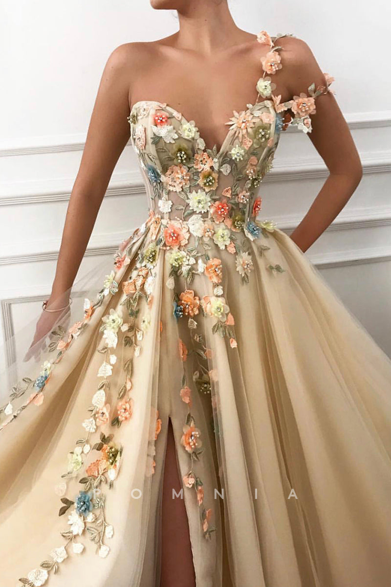 P1928 - Floral A-Line One Shoulder Appliques High Slit Sleeveless Pleated Evening Prom Dress