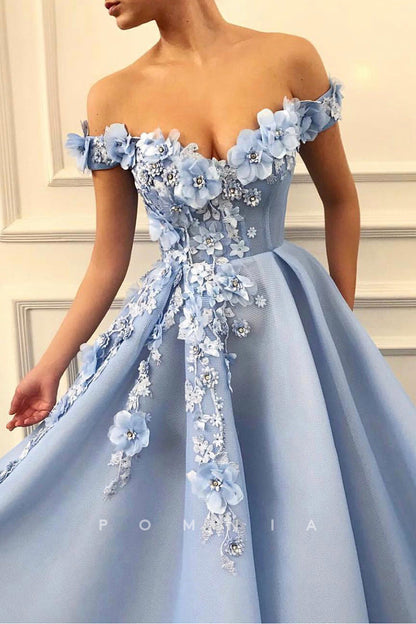 P1929 - A-Line Strapless Cap Sleeves Appliques Pleated Empire-Waist Long Prom Evening Dress