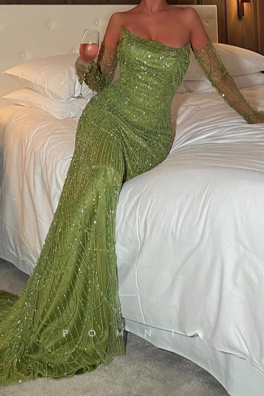 P1970 - Stunning Strapless Scoop Mermaid Bead Embroidery Long Evening Formal Dress