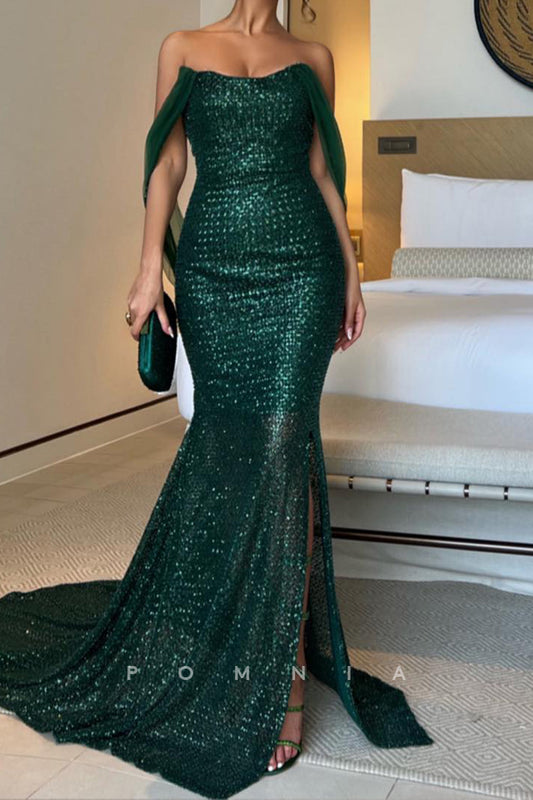 P1971 - Mermaid/Trumpet Strapless Sequined Scoop Long Formal Evening Dress with Slit
