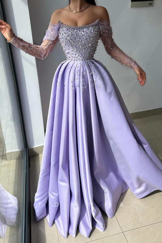 P1976 - A-Line Strapless Beaded Scoop Pleated Empire-Waist Long Evening Formal Prom Dress