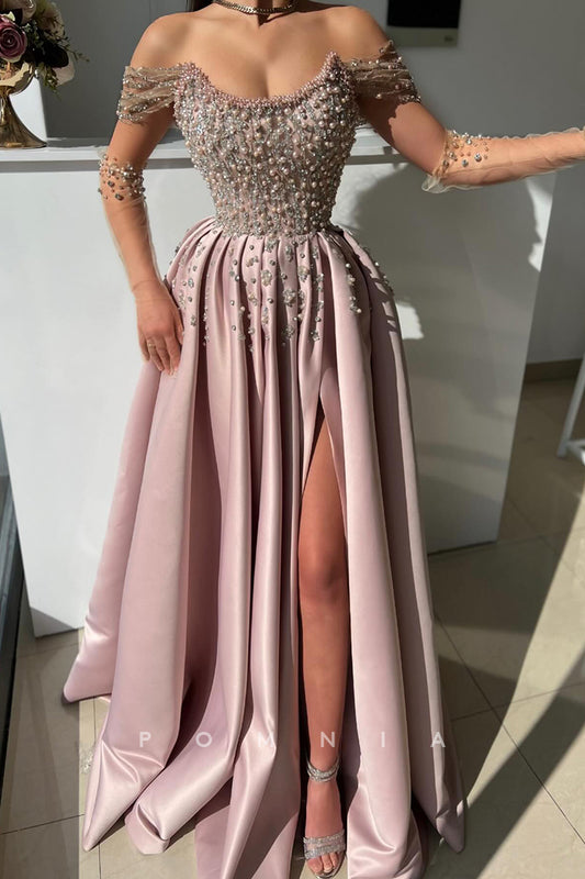 P1977 - A-Line Strapless Beaded Empire-Waist Pleated Long Prom Evening Dress with Slit