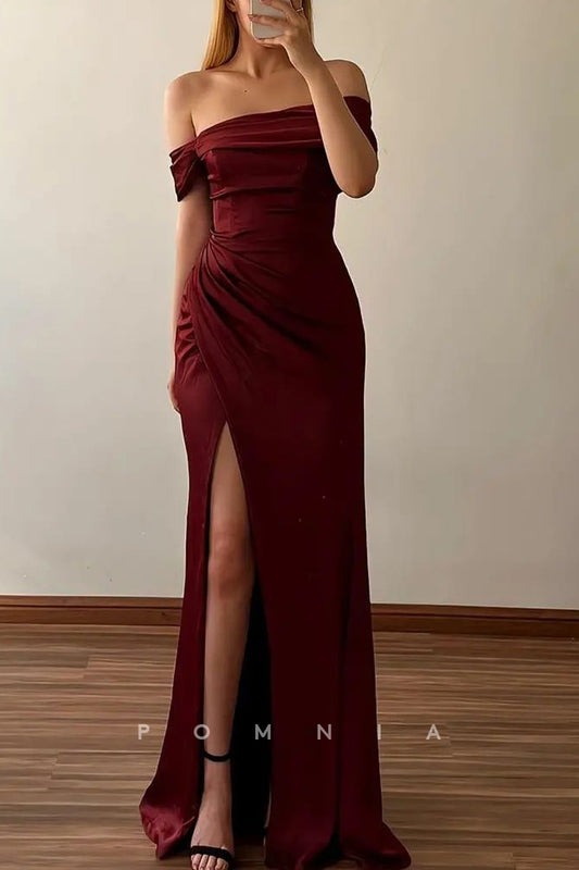 P1986 - Chic Strapless Cap Sleeveless Pleated Side Slit Long Prom Evening Formal Dress