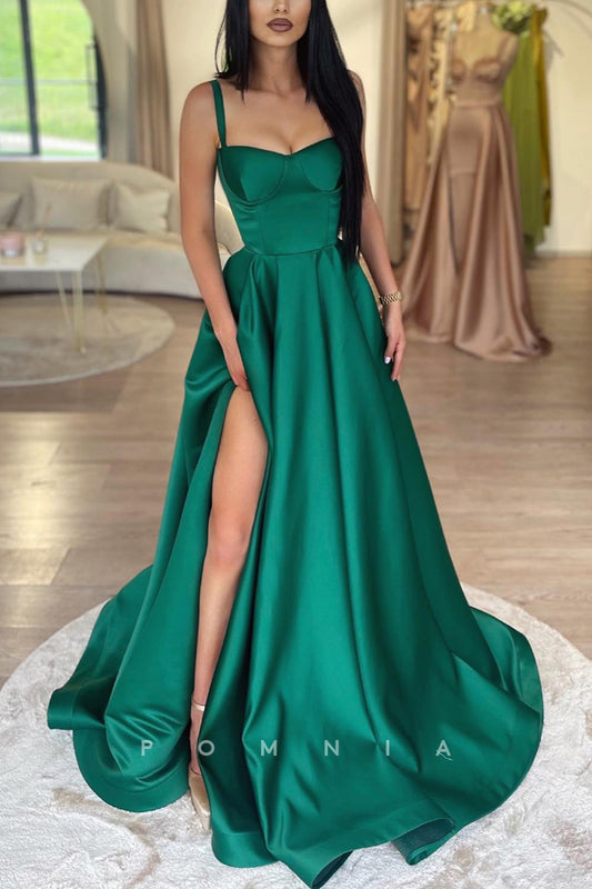 P1995 - A-Line Empire-Waist Straps Sweetheart Pleated Side Slit Satin Long Prom Formal Dress