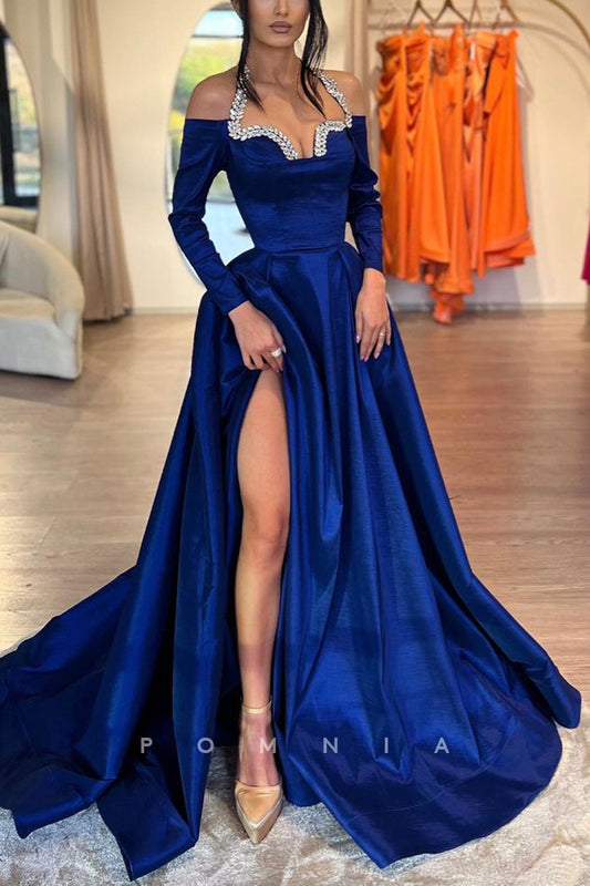 P1998 - A-Line Halter Beaded High Split Empire-Waist Long Sleeves Prom Formal Gown