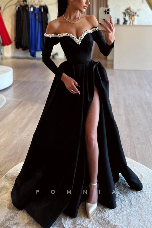 P2000 - Stunning A-Line Strapless Empire-Waist Pearls Long Prom Formal Dress with Slit