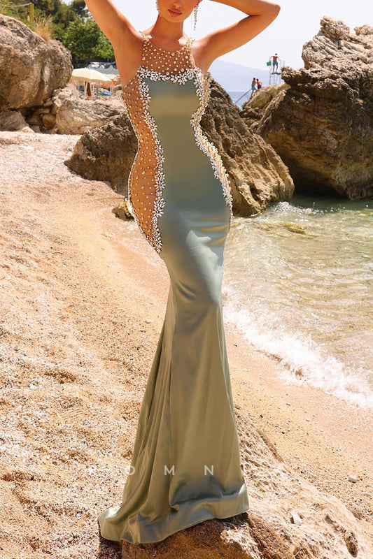 P2008 - Charming Illusion Beaded Sleeveless Pleated Mermaid Long Prom Evening Dress