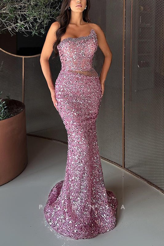 P2012 - Stunning Strapless Sleeveless Mermaid Beaded Embroidery Long Prom Evening Dress