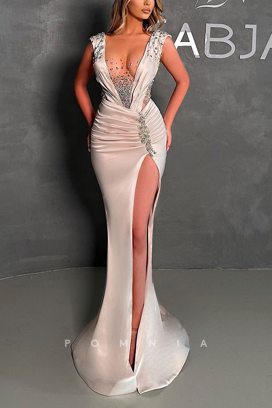 P2015 - Mermaid Illusion Deep V-Neck Beaded Pleated High Split Sleeveless Prom Evening Dress