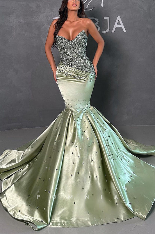 P2018 - Stunning Strapless V-Neck Beaded Mermaid Pleated Sleeveless Prom Evening Dress