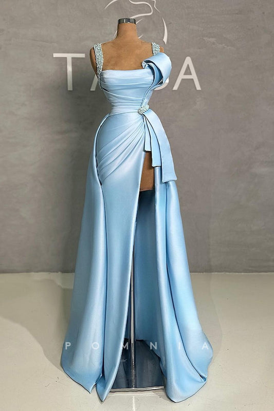 P2023 - A-Line Straps Square Pleated High Slit Empire-Waist Sleeveless Long Prom Formal Dress