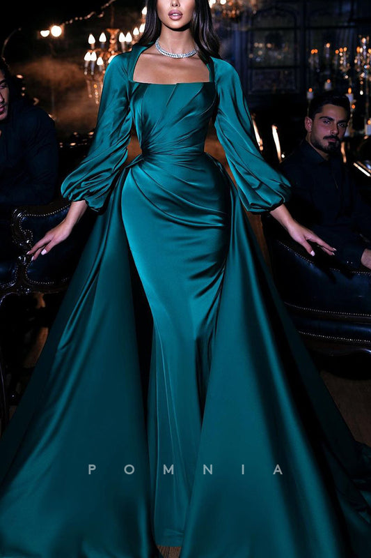 P2034 - A-Line Square Long Sleeves Empire-Waist Pleated Prom Formal Evening Dress