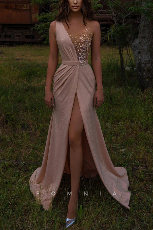 P2046 - Illusion Neck Beaded High Slit Sleeveless Empire-Waist Long Prom Evening Formal Dress