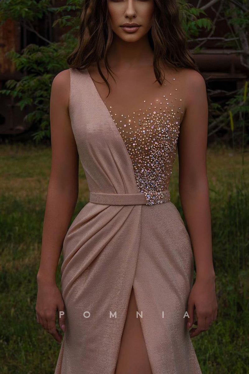 P2046 - Illusion Neck Beaded High Slit Sleeveless Empire-Waist Long Prom Evening Formal Dress