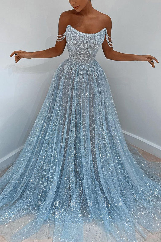 P2052 - Stunning Off-Shoulder Beaded A-Line Empire-Waist Glitter Prom Evening Formal Gown