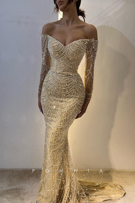 P2053 - Strapless Beaded Embroidery Long Sleeves Mermaid Prom Evening Formal Dress