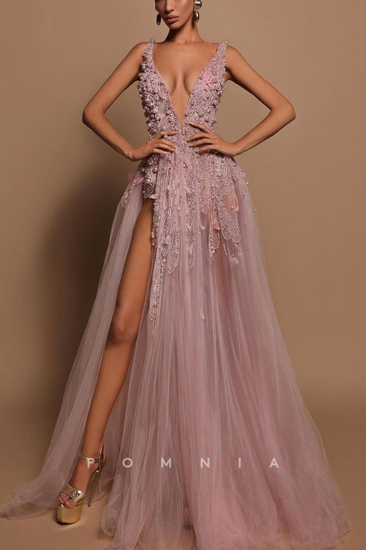 P2060 - A-Line Empire-Waist Beaded Deep V-Neck High Slit Tulle Long Prom Evening Dress
