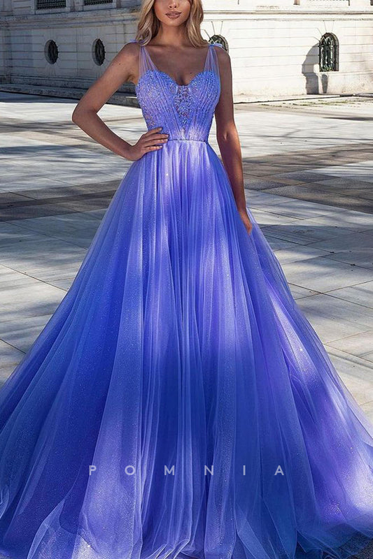 P2070 - A-Line Straps Empire-Waist Sleeveless Tulle Long Prom Formal Dress