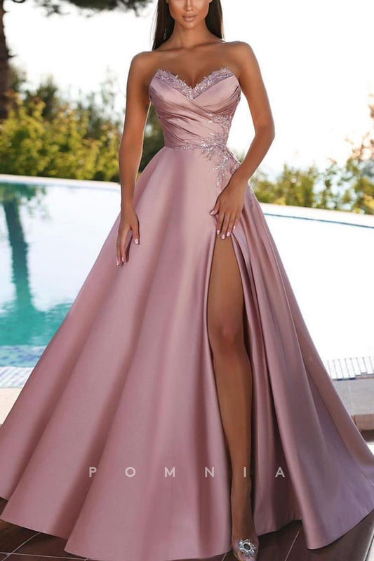 P2077 - A-Line Empire-Waist V-Neck Strapless High Slit Sleeveless Long Prom Formal Dress