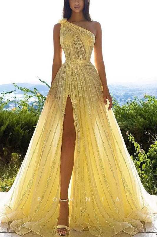 P2078 - A-Line One Shoulder High Slit Sleeveless Sequins Empire-Waist Prom Evening Dress