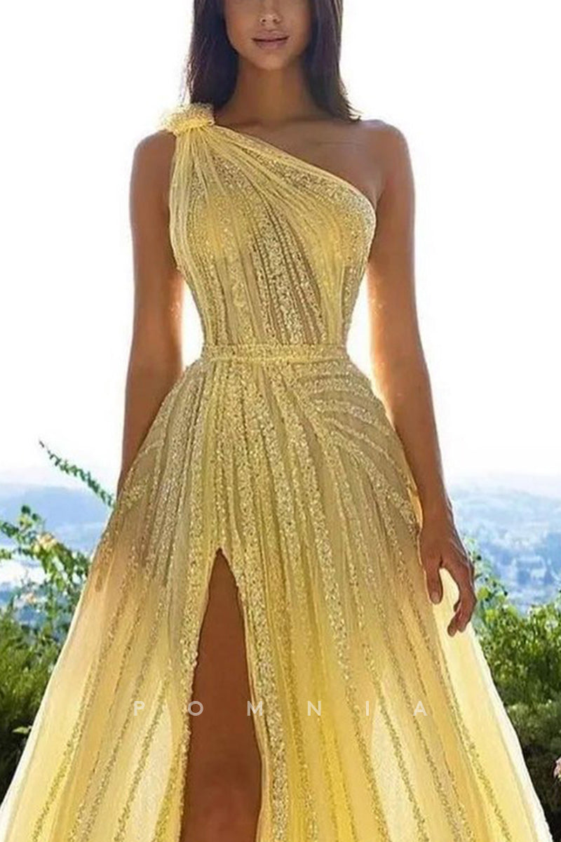 P2078 - A-Line One Shoulder High Slit Sleeveless Sequins Empire-Waist Prom Evening Dress