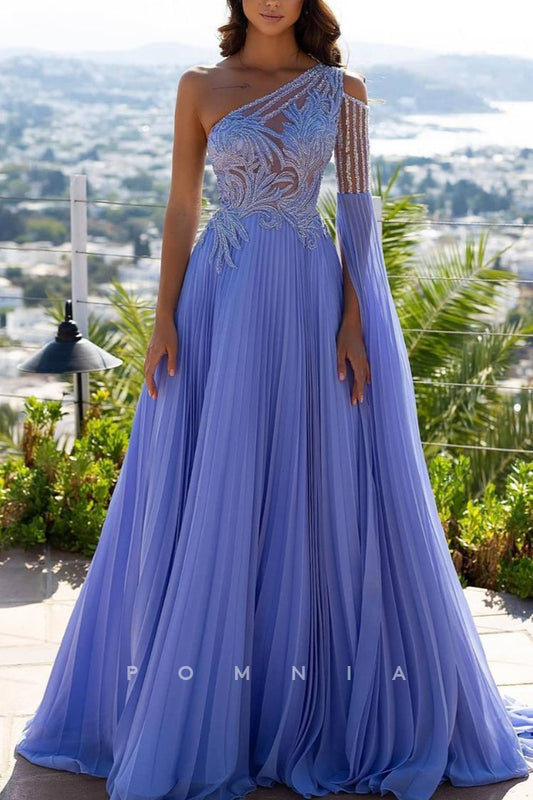 P2079 - Charming One Shoulder  A-Line Chiffon Appliques Pleated Prom Evening Dress