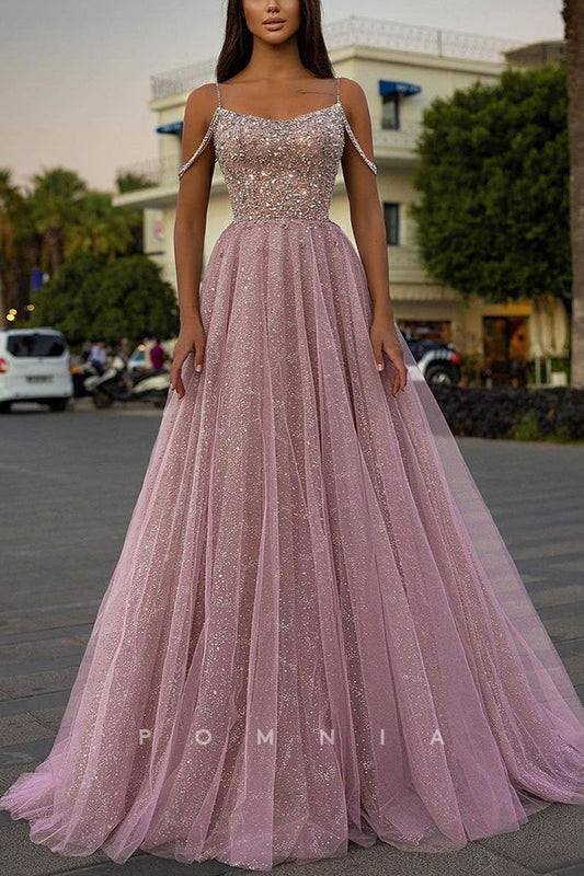 P2082 - A-Line Empire-Waist Scoop Beaded Sleeveless Tulle Long Prom Formal Dress