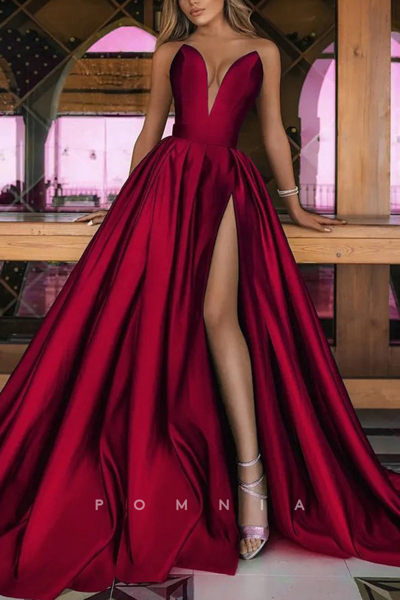 P2083 - A-Line Strapless Empire-Waist V-Neck High Slit Pleated Long Prom Formal Dress