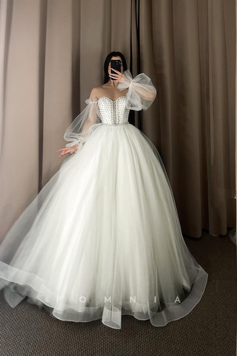 P3001 - A-Line Strapless Sweetheart Long Sleevels Tulle Beach Wedding Dress