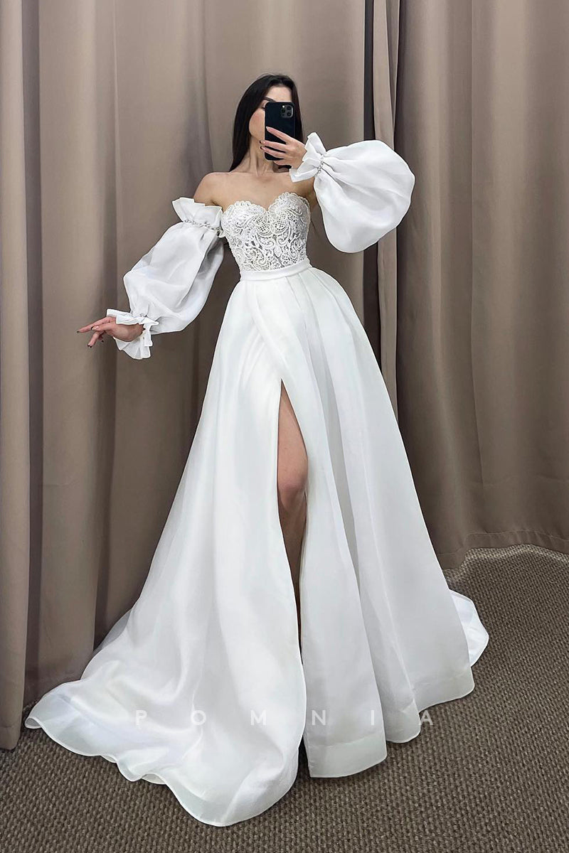 P3004 - Off-Shoulder Sweetheart Top Appliques Satin Wedding Dress with Sleeves
