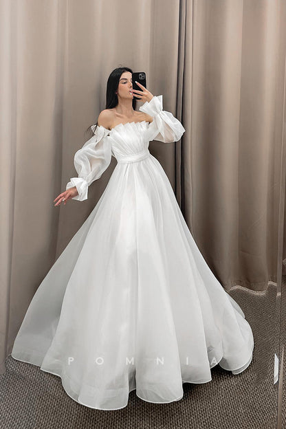 P3008 - Unique Strapless Ruched Long Sleeveles Beach Wedding Dress