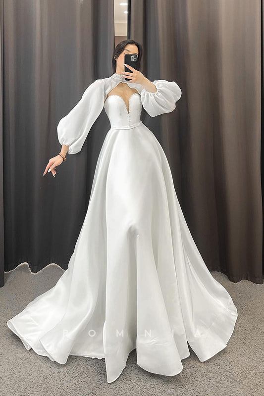 P3009 - Elegant V-Neck Long Sleeves Pleats Satin Beach Wedding Dress