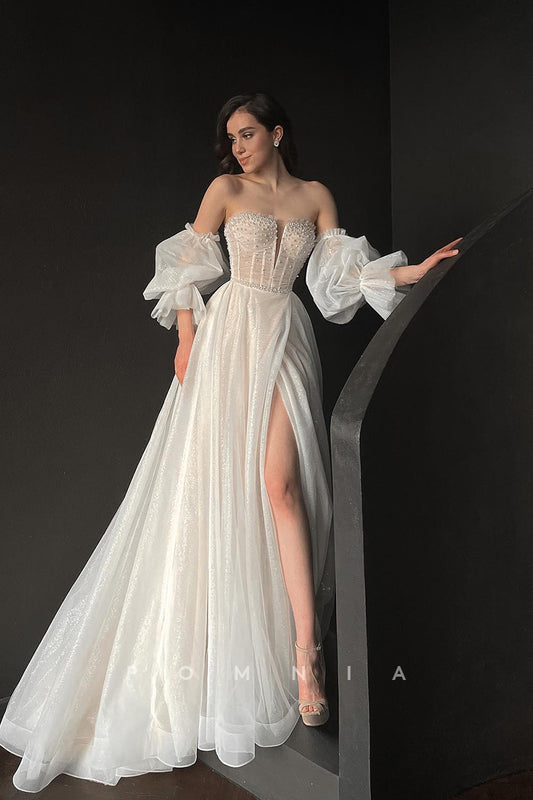 P3011 - A-Line Strapless V-Neck Beads Puff Sleeves Beach Wedding Dress with Slit