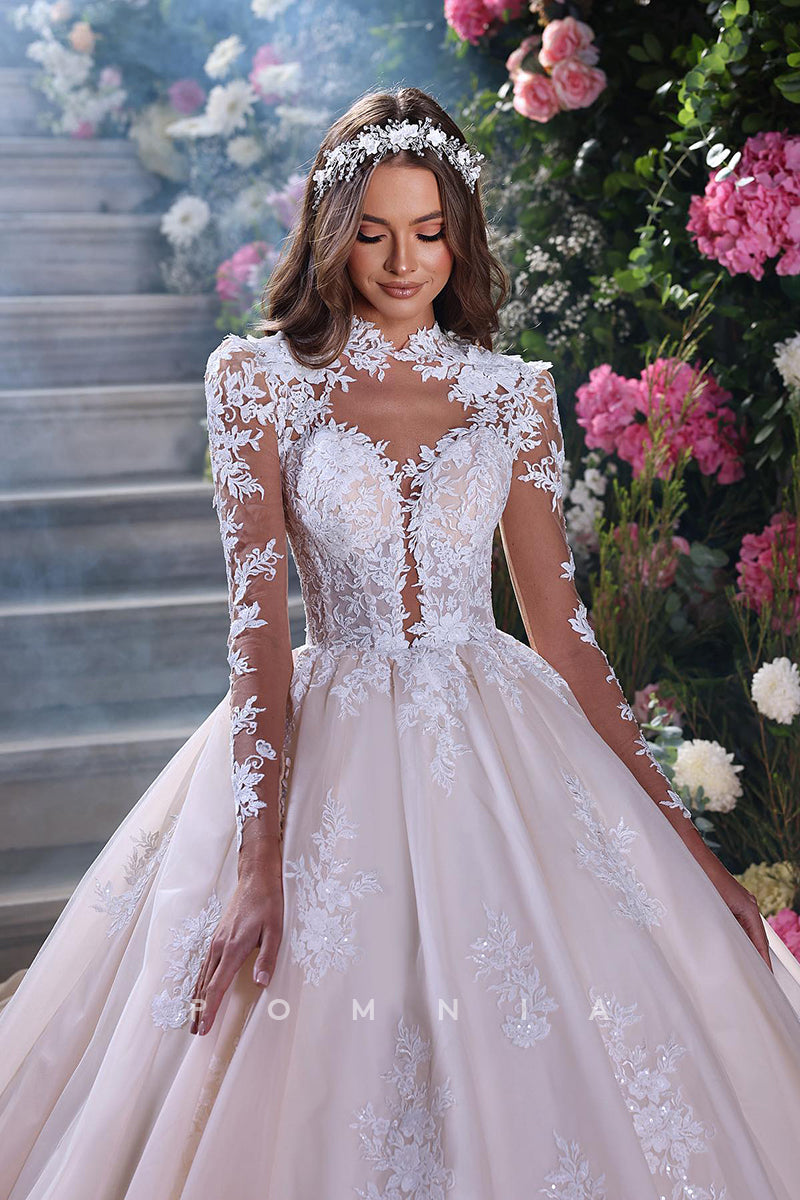 P3013 - Ball Gown V-Neck Lace Appliques Long Sleeves Boho Wedding Dress