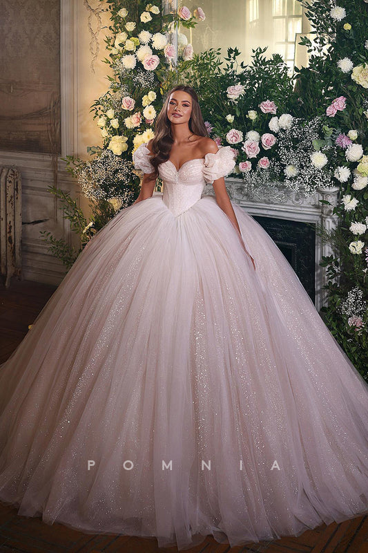P3014 - Ball Gown Pleated Strapless V-Neck Tulle Glitter Boho Wedding Dress