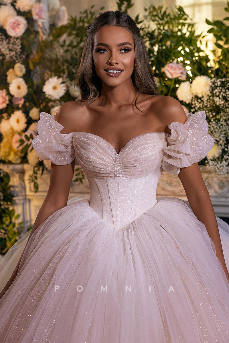 P3014 - Ball Gown Pleated Strapless V-Neck Tulle Glitter Boho Wedding Dress